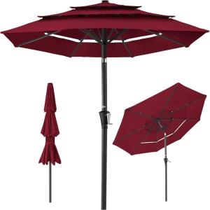 imageBest Choice Products 10ft 3Tier Solar Patio Market Umbrella Outdoor Sun Shade for Backyard Deck Poolside Table wWoodgrain Pattern LED Lights Tilt Adjustment  Sky BlueBurgundy