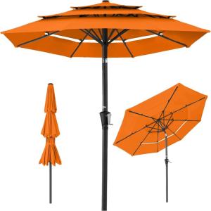 imageBest Choice Products 10ft 3Tier Solar Patio Market Umbrella Outdoor Sun Shade for Backyard Deck Poolside Table wWoodgrain Pattern LED Lights Tilt Adjustment  Sky BlueOrange