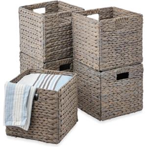 imageBest Choice Products 12x12in Hyacinth Baskets Rustic Set Of 5 Multipurpose Collapsible Storage Organizer Handwoven Laundry Totes for Bedroom Living Room Shelves wInserts  NaturalGray