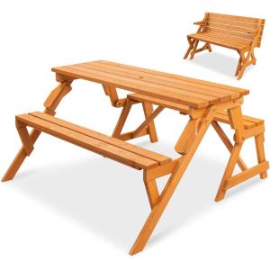 imageBest Choice Products 2in1 Transforming Interchangeable Outdoor Wooden Picnic Table Garden Bench for Backyard Porch Patio Deck wUmbrella Hole  Natural