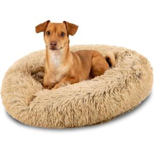 imageBest Choice Products 36in Dog Bed SelfWarming Plush Shag Fur Donut Calming Pet Bed Cuddler wWaterResistant Lining Raised Rim  GrayBrown