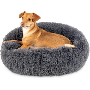 imageBest Choice Products 36in Dog Bed SelfWarming Plush Shag Fur Donut Calming Pet Bed Cuddler wWaterResistant Lining Raised Rim  GrayGray