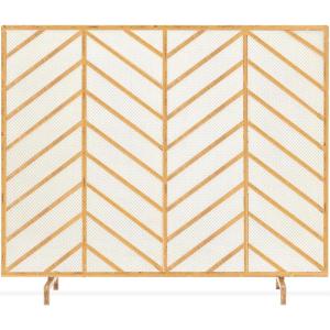 imageBest Choice Products 38x31in Single Panel Handcrafted Wrought Iron Mesh Chevron Fireplace Screen Fire Spark Guard for Living Room Bedroom Dcor wDistressed Antique Finish  PewterGold