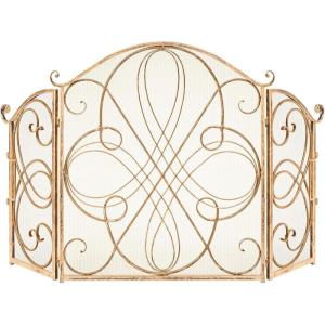 imageBest Choice Products 3Panel 55x33in Solid Wrought Iron SeeThrough Metal Fireplace Screen Spark Guard Safety Protector wDecorative Scroll  CopperGold