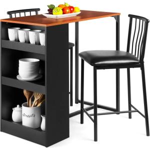 imageBest Choice Products 3Piece 36in Wooden Counter Height Dining Table Set for Kitchen Dining Room wStorage Shelves Metal Frame 2 Barstools  GrayEspresso