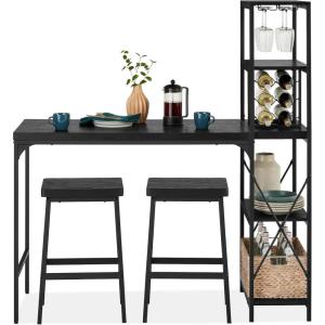 imageBest Choice Products 3Piece Counter Height Dining Set Desk Bar Kitchen Island Table w 2 Stools Wine Rack ampamp Storage Shelves  BlackBlack