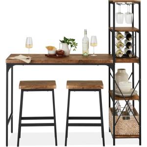 imageBest Choice Products 3Piece Counter Height Dining Set Desk Bar Kitchen Island Table w 2 Stools Wine Rack ampamp Storage Shelves  BlackBrown