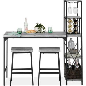 imageBest Choice Products 3Piece Counter Height Dining Set Desk Bar Kitchen Island Table w 2 Stools Wine Rack ampamp Storage Shelves  BlackGrey