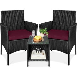 imageBest Choice Products 3Piece Outdoor Wicker Conversation Bistro Set Space Saving Patio Furniture for Garden wSide Table  GrayNavyBlackDeep Burgundy