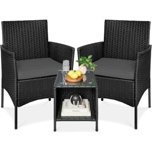 imageBest Choice Products 3Piece Outdoor Wicker Conversation Bistro Set Space Saving Patio Furniture for Garden wSide Table  GrayNavyBlackGray