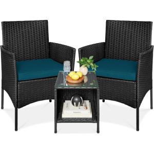 imageBest Choice Products 3Piece Outdoor Wicker Conversation Bistro Set Space Saving Patio Furniture for Garden wSide Table  GrayNavyBlackPeacock