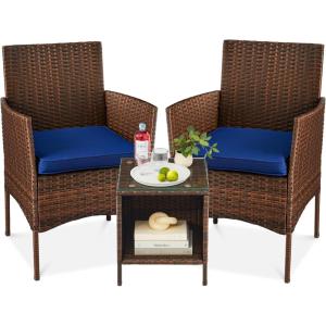 imageBest Choice Products 3Piece Outdoor Wicker Conversation Bistro Set Space Saving Patio Furniture for Garden wSide Table  GrayNavyBrownNavy