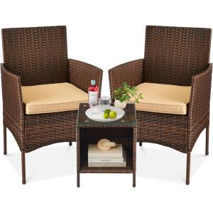 imageBest Choice Products 3Piece Outdoor Wicker Conversation Bistro Set Space Saving Patio Furniture for Garden wSide Table  GrayNavyBrownTan