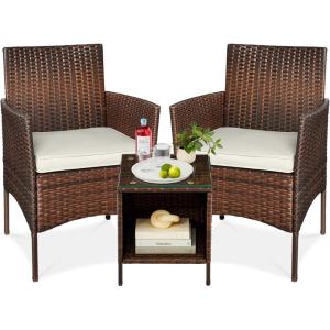 imageBest Choice Products 3Piece Outdoor Wicker Conversation Bistro Set Space Saving Patio Furniture for Garden wSide Table  GrayNavyBrownWhite Sand
