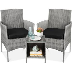 imageBest Choice Products 3Piece Outdoor Wicker Conversation Bistro Set Space Saving Patio Furniture for Garden wSide Table  GrayNavyGrayBlack