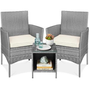imageBest Choice Products 3Piece Outdoor Wicker Conversation Bistro Set Space Saving Patio Furniture for Garden wSide Table  GrayNavyGrayCream