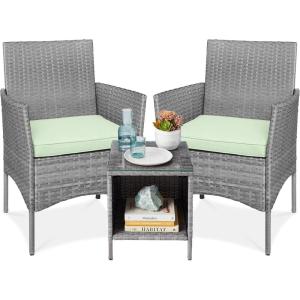 imageBest Choice Products 3Piece Outdoor Wicker Conversation Bistro Set Space Saving Patio Furniture for Garden wSide Table  GrayNavyGrayLight Mint