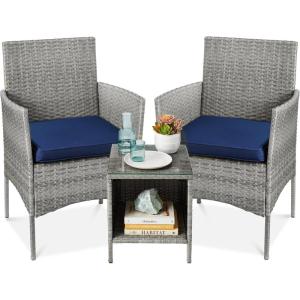 imageBest Choice Products 3Piece Outdoor Wicker Conversation Bistro Set Space Saving Patio Furniture for Garden wSide Table  GrayNavyGrayNavy