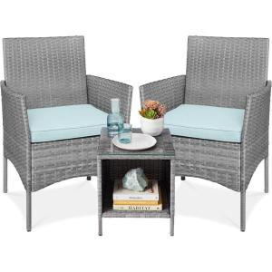imageBest Choice Products 3Piece Outdoor Wicker Conversation Bistro Set Space Saving Patio Furniture for Garden wSide Table  GrayNavyGrayPastel Blue