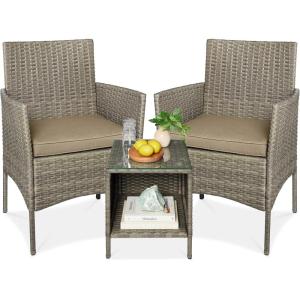 imageBest Choice Products 3Piece Outdoor Wicker Conversation Bistro Set Space Saving Patio Furniture for Garden wSide Table  GrayNavyTaupeDesert