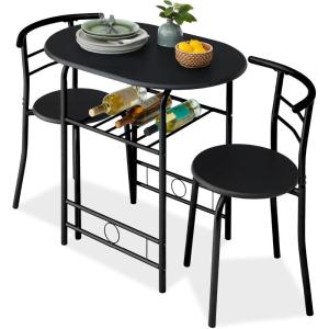 imageBest Choice Products 3Piece Wooden Round Table ampamp Chair Set for Kitchen Dining Room Compact Space wSteel Frame Builtin Wine Rack  BlackBrownBlack