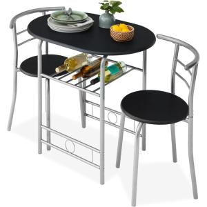 imageBest Choice Products 3Piece Wooden Round Table ampamp Chair Set for Kitchen Dining Room Compact Space wSteel Frame Builtin Wine Rack  BlackBrownBlackSilver