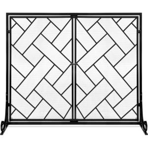 imageBest Choice Products 44x33in 2Panel Handcrafted Wrought Iron Decorative Mesh Geometric Fireplace Screen Fire Spark Guard wMagnetic Doors  GoldBlack