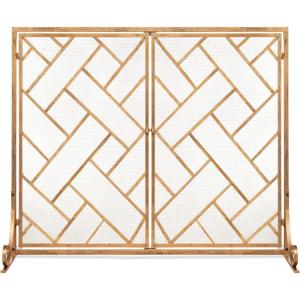 imageBest Choice Products 44x33in 2Panel Handcrafted Wrought Iron Decorative Mesh Geometric Fireplace Screen Fire Spark Guard wMagnetic Doors  GoldGold