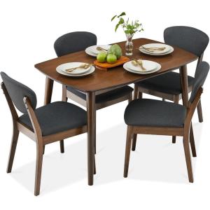 imageBest Choice Products 4Piece MidCentury Modern Wood Dining Kitchen Table ampamp Chair Set w 2 Upholstered Chairs Bench Seat  WalnutCreamWalnutCharcoal