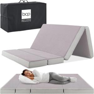 imageBest Choice Products 4in Portable QueenSize Mattress TriFold Mattress for Camping Guest Toddler Foam Plush wCarry Case  TaupeGrey