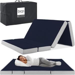 imageBest Choice Products 4in Portable QueenSize Mattress TriFold Mattress for Camping Guest Toddler Foam Plush wCarry Case  TaupeMidnight Blue