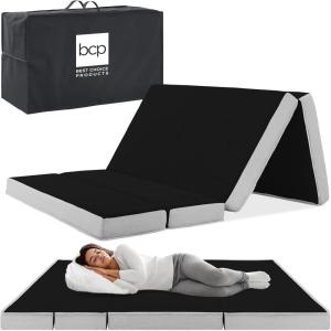 imageBest Choice Products 4in Portable QueenSize Mattress TriFold Mattress for Camping Guest Toddler Foam Plush wCarry Case  TaupeOnyx Black