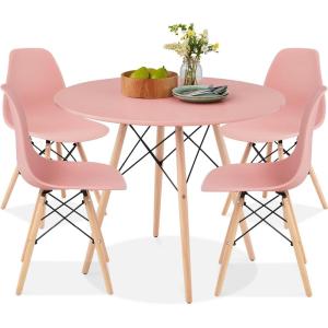 imageBest Choice Products 5Piece Dining Set Compact MidCentury Modern Table ampamp Chair Set for Home Apartment w 4 Chairs Plastic Seats Wooden Legs Metal Frame  BlueOakPinkOak
