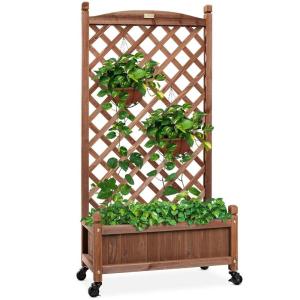 imageBest Choice Products 60in Wood Planter Box ampamp Diamond Lattice Trellis Mobile Outdoor Raised Garden Bed for Climbing Plants wDrainage Holes Optional Wheels  Walnut