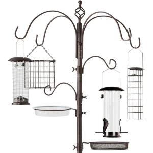 imageBest Choice Products 6Hook Bird Feeding Station Steel MultiFeeder Kit Stand for Attracting Wild Birds w 4 Bird Feeders Mesh Tray Bird Bath 5Prong Base  BlackBronze