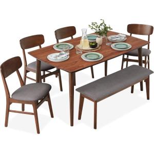 imageBest Choice Products 6Piece Wooden Dining Set MidCentury Modern Table ampamp Upholstered Chair Set wBench Seat Rubberwood Legs  WalnutCreamWalnutGray
