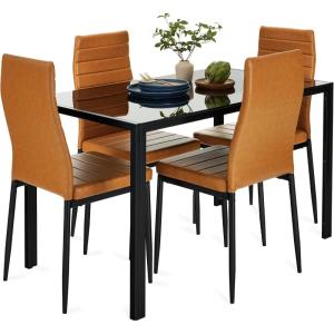 imageBest Choice Products 7Piece Glass Dining Set Modern Kitchen Table Furniture for Dining Room Dinette Compact SpaceSaving wGlass Tabletop 6 Upholstered PU Chairs Metal Steel Frame  BlackCamelBlack