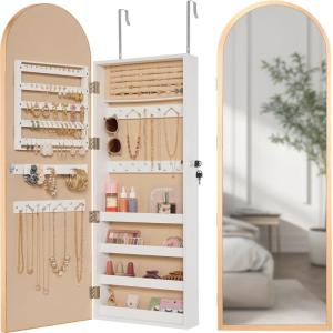 imageBest Choice Products Arch Mirror Jewelry Cabinet Jewelry Storage Organizer Armoire Lockable Wall or Door Mountable FullLength Mirror  BlackGold