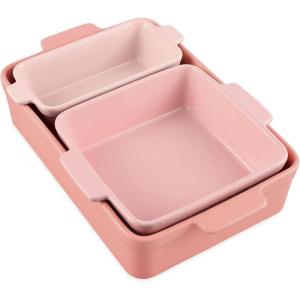 imageBest Choice Products Bakeware Set Baking Dish Set 3Piece Nonstick ToxinFree Ceramic Serving Dishes Casserole Bread Loaf Square Pan SpaceSaving Nesting Design  Vanilla ButtercreamPink Champagne