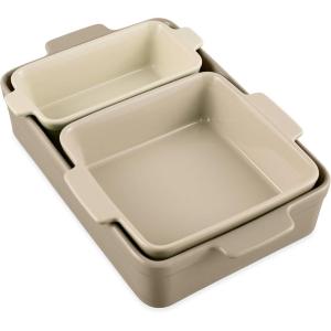 imageBest Choice Products Bakeware Set Baking Dish Set 3Piece Nonstick ToxinFree Ceramic Serving Dishes Casserole Bread Loaf Square Pan SpaceSaving Nesting Design  Vanilla ButtercreamMushroom Beige