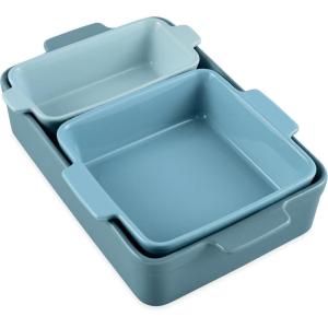 imageBest Choice Products Bakeware Set Baking Dish Set 3Piece Nonstick ToxinFree Ceramic Serving Dishes Casserole Bread Loaf Square Pan SpaceSaving Nesting Design  Vanilla ButtercreamCornflower Blue