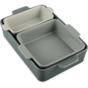 imageBest Choice Products Bakeware Set Baking Dish Set 3Piece Nonstick ToxinFree Ceramic Serving Dishes Casserole Bread Loaf Square Pan SpaceSaving Nesting Design  Vanilla ButtercreamFrench Gray