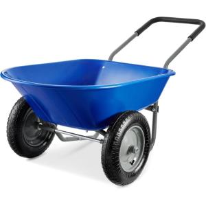 imageBest Choice Products DualWheel Home Utility Yard Wheelbarrow Garden Cart wBuiltin Stand for Lawn Gardening Construction  GrayBlue