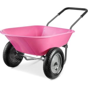 imageBest Choice Products DualWheel Home Utility Yard Wheelbarrow Garden Cart wBuiltin Stand for Lawn Gardening Construction  GrayPink