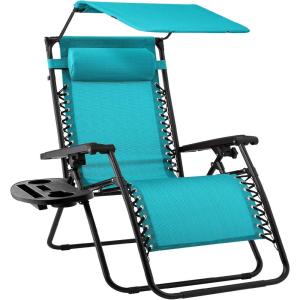 imageBest Choice Products Folding Zero Gravity Outdoor Recliner Patio Lounge Chair wAdjustable Canopy Shade Headrest Side Accessory Tray Textilene Mesh  SandPeacock Blue