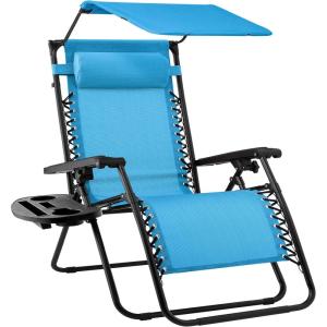 imageBest Choice Products Folding Zero Gravity Outdoor Recliner Patio Lounge Chair wAdjustable Canopy Shade Headrest Side Accessory Tray Textilene Mesh  SandLight Blue