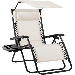 imageBest Choice Products Folding Zero Gravity Outdoor Recliner Patio Lounge Chair wAdjustable Canopy Shade Headrest Side Accessory Tray Textilene Mesh  SandIvory