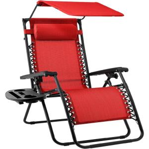 imageBest Choice Products Folding Zero Gravity Outdoor Recliner Patio Lounge Chair wAdjustable Canopy Shade Headrest Side Accessory Tray Textilene Mesh  SandCrimson Red