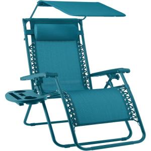 imageBest Choice Products Folding Zero Gravity Outdoor Recliner Patio Lounge Chair wAdjustable Canopy Shade Headrest Side Accessory Tray Textilene Mesh  SandPeacock