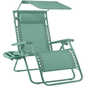 imageBest Choice Products Folding Zero Gravity Outdoor Recliner Patio Lounge Chair wAdjustable Canopy Shade Headrest Side Accessory Tray Textilene Mesh  SandSeafoam